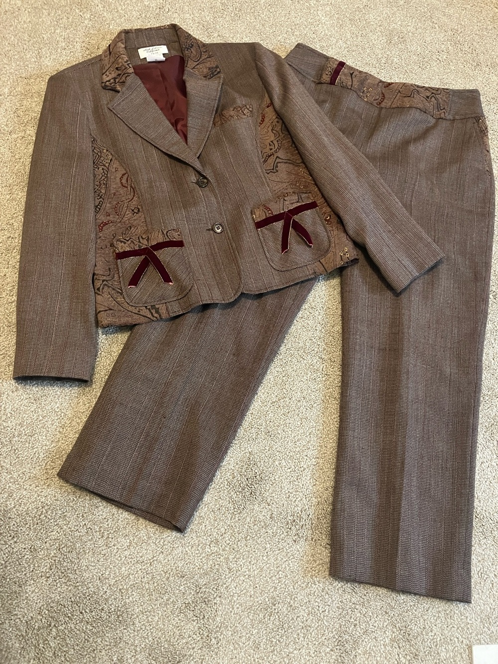Vintage Roth Le Cover Brown Pinstripe Paisley-Trim Velvet-Accent Pantsuit